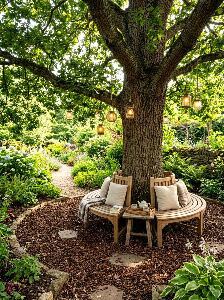 Under Tree Bench Area - 30 tea garden corner ideas