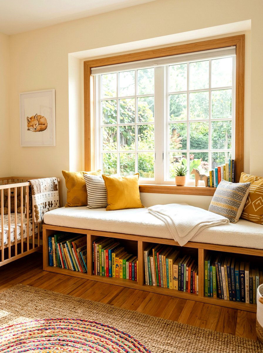Under Window Bench - 30 nursery bookshelf ideas