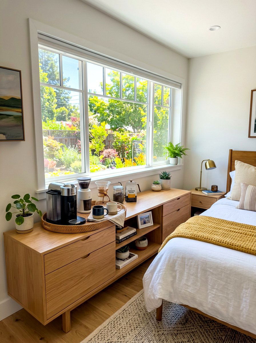 Under Window Coffee Station - 30 bedroom coffee corner ideas