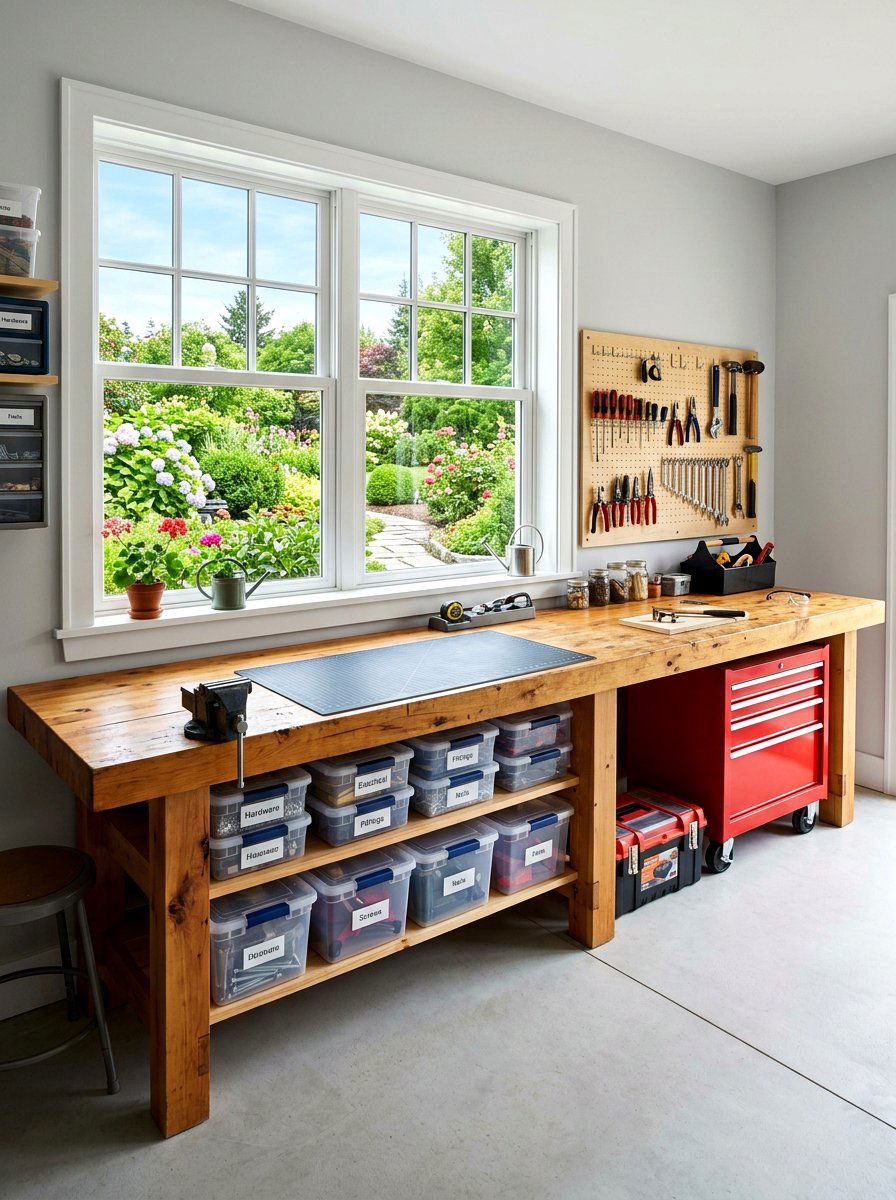 Under Window Garage Bench - 30 garage workbench ideas