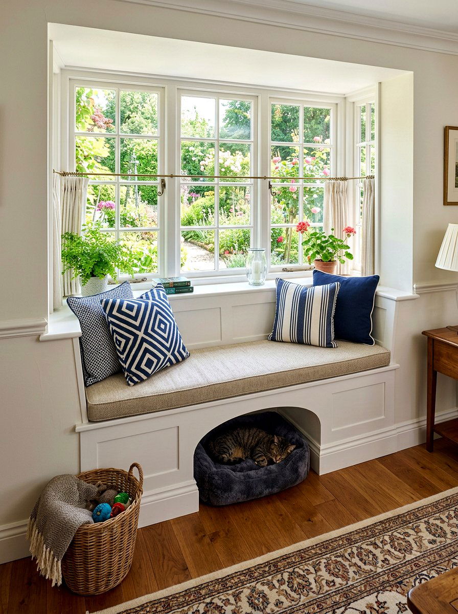 Under Window Pet Bench - 30 viral pet room ideas