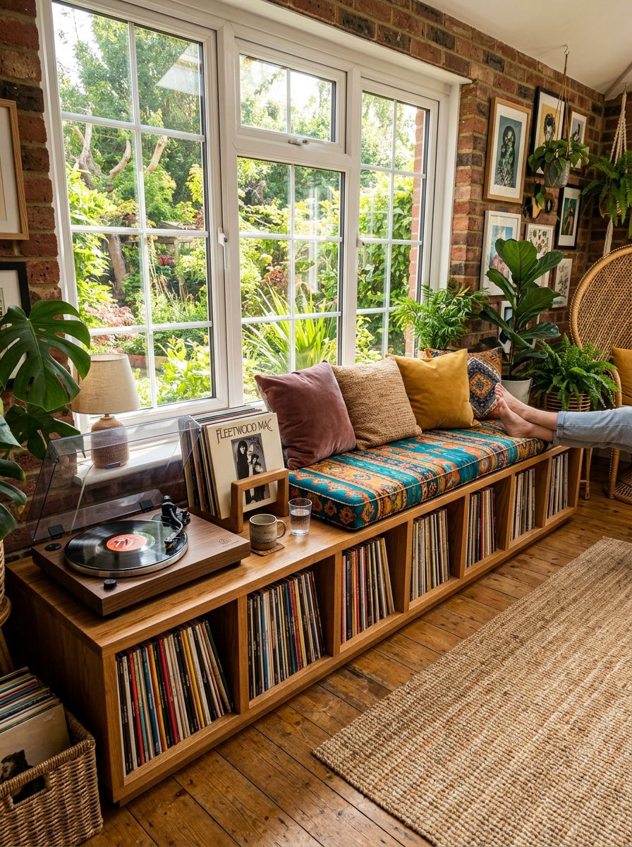 Under Window Record Storage Bench - 30 vinyl listening corner ideas