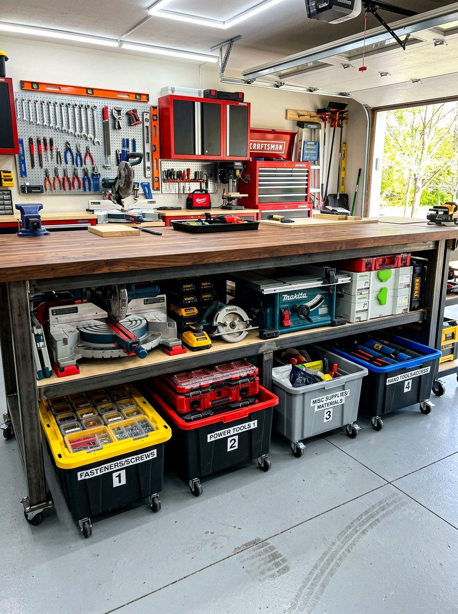 Under Workbench Storage - 30 garage tool storage ideas