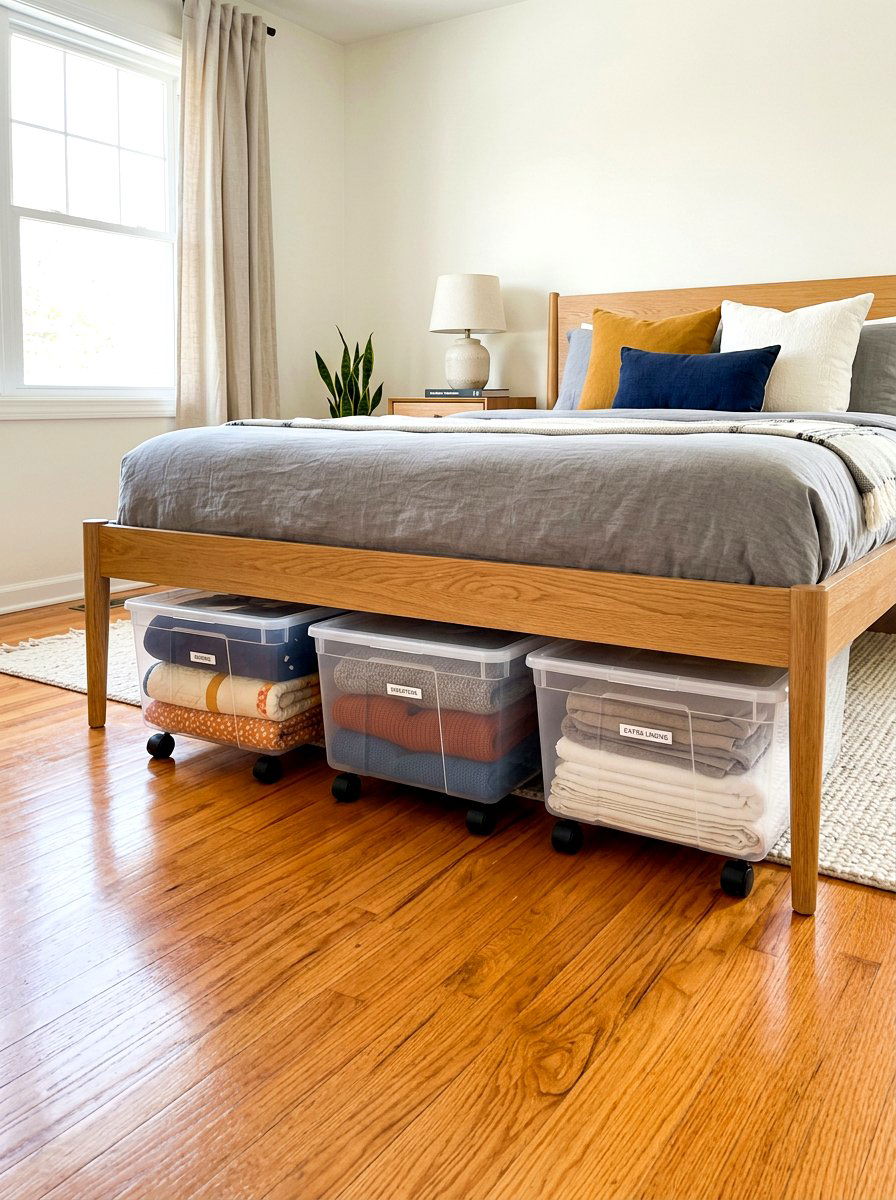 Under bed rolling bins - 30 minimalist bedroom storage ideas