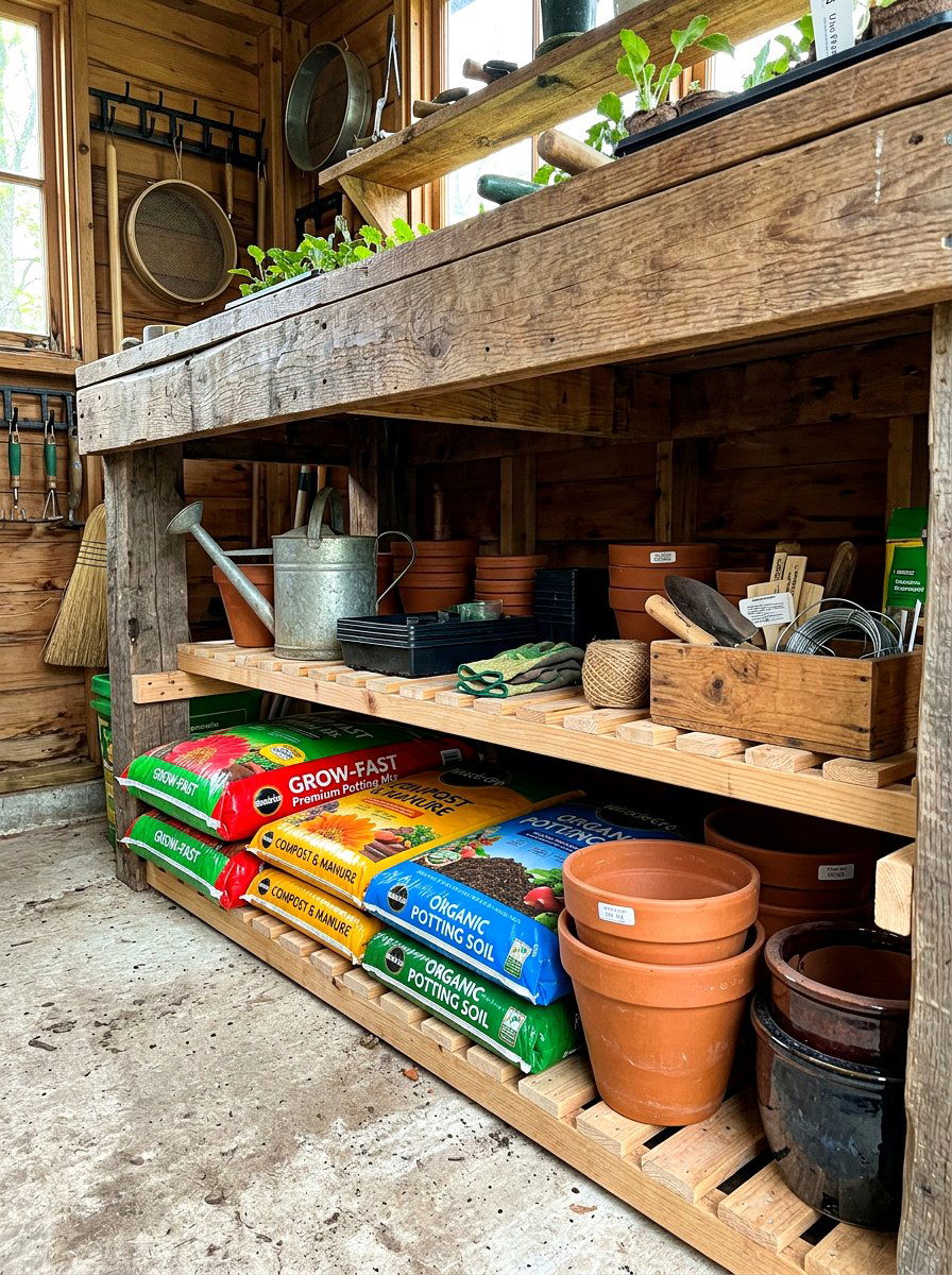 Under bench storage - 30 potting shed storage ideas