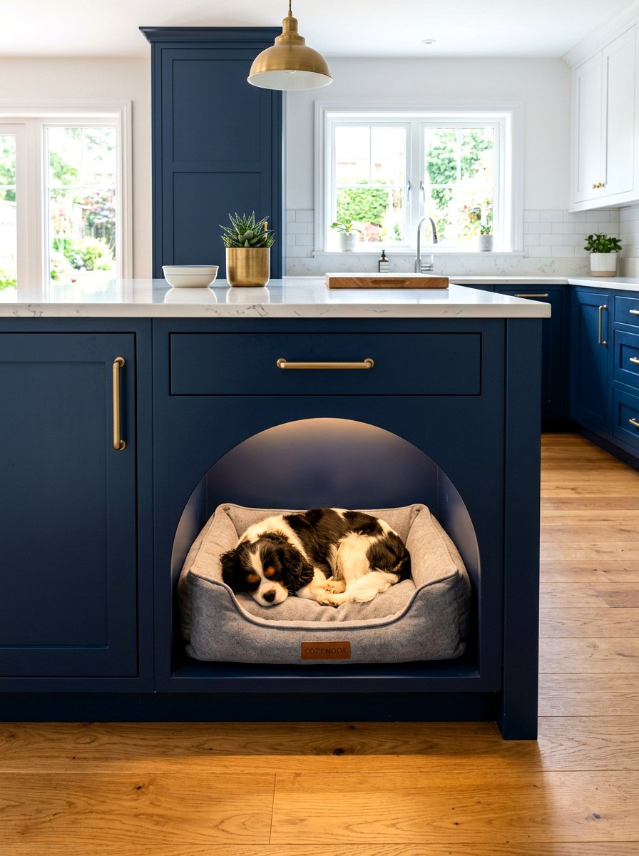 Under cabinet dog bed nook - 30 pet station kitchen ideas