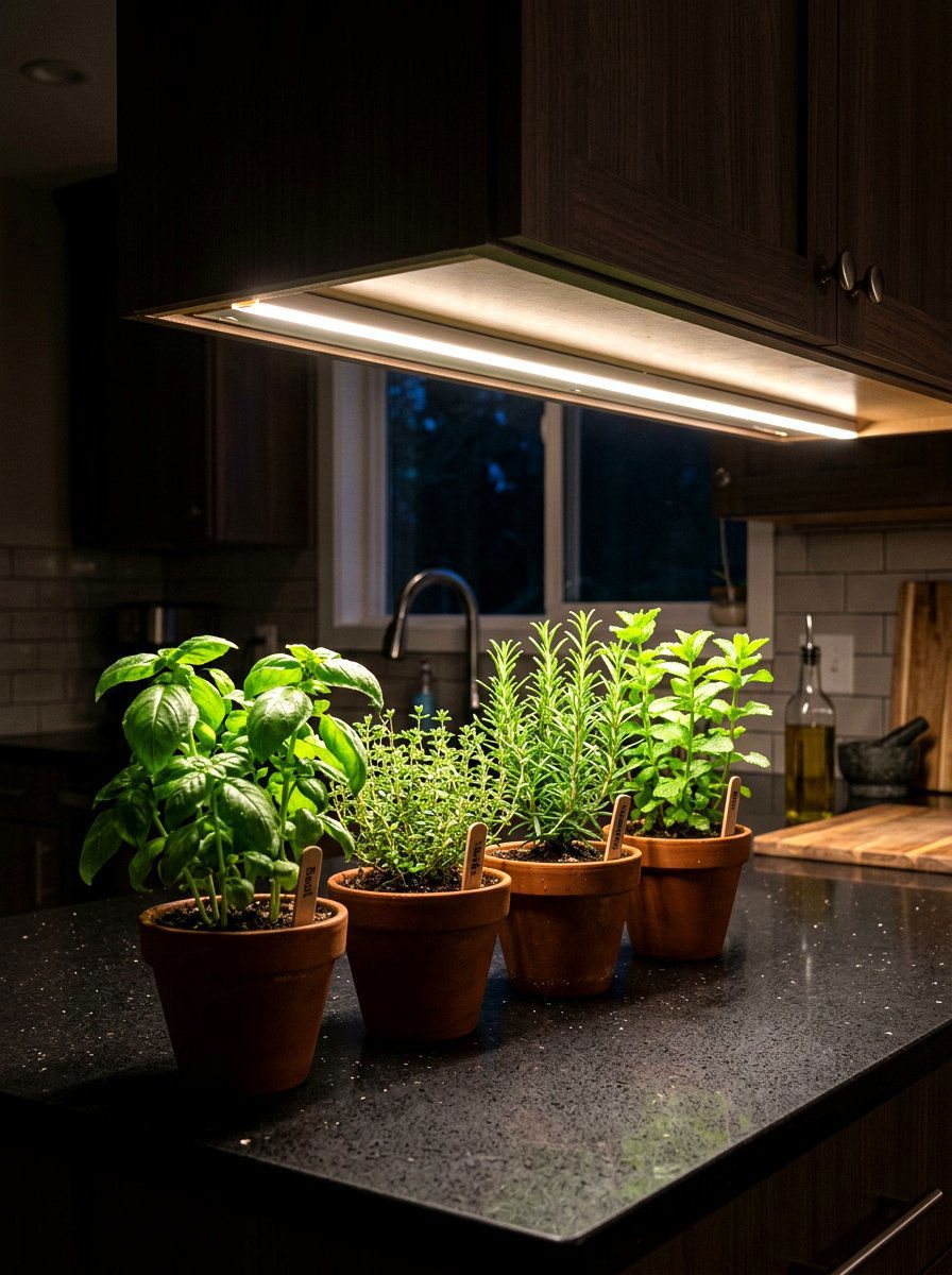 Under cabinet herb lighting - 30 kitchen herb shelf ideas