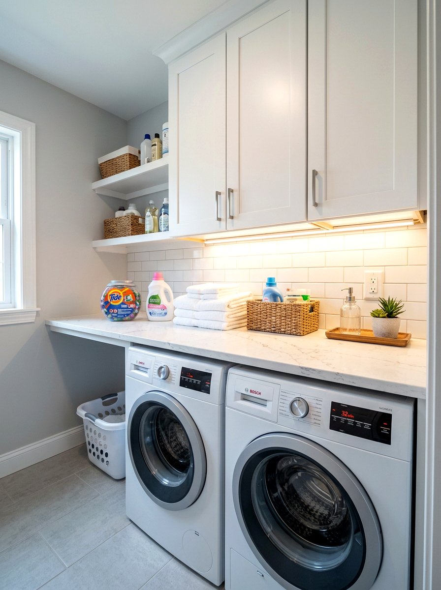 Under cabinet lighting - 30 small laundry room ideas