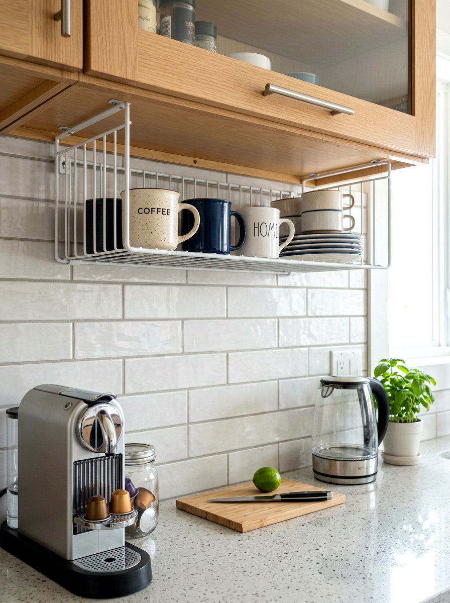 Under cabinet shelf - 30 tiny kitchen open shelf ideas