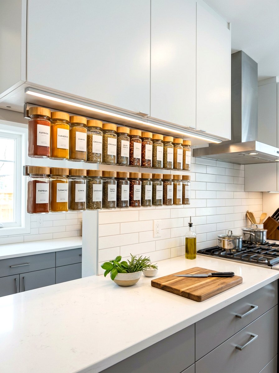 Under cabinet spice jars - 30 apartment kitchen storage ideas