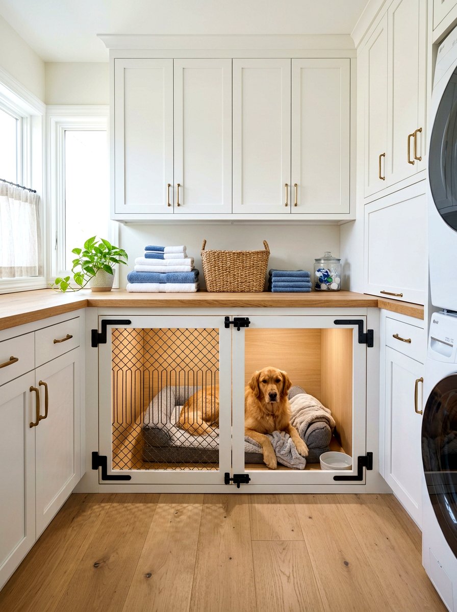 Under counter dog crate - 30 pet laundry room ideas