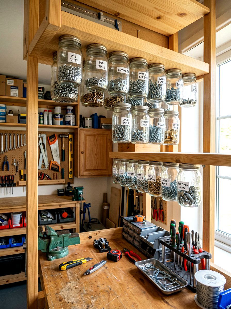 Under shelf storage jars - 30 small tool organizer ideas