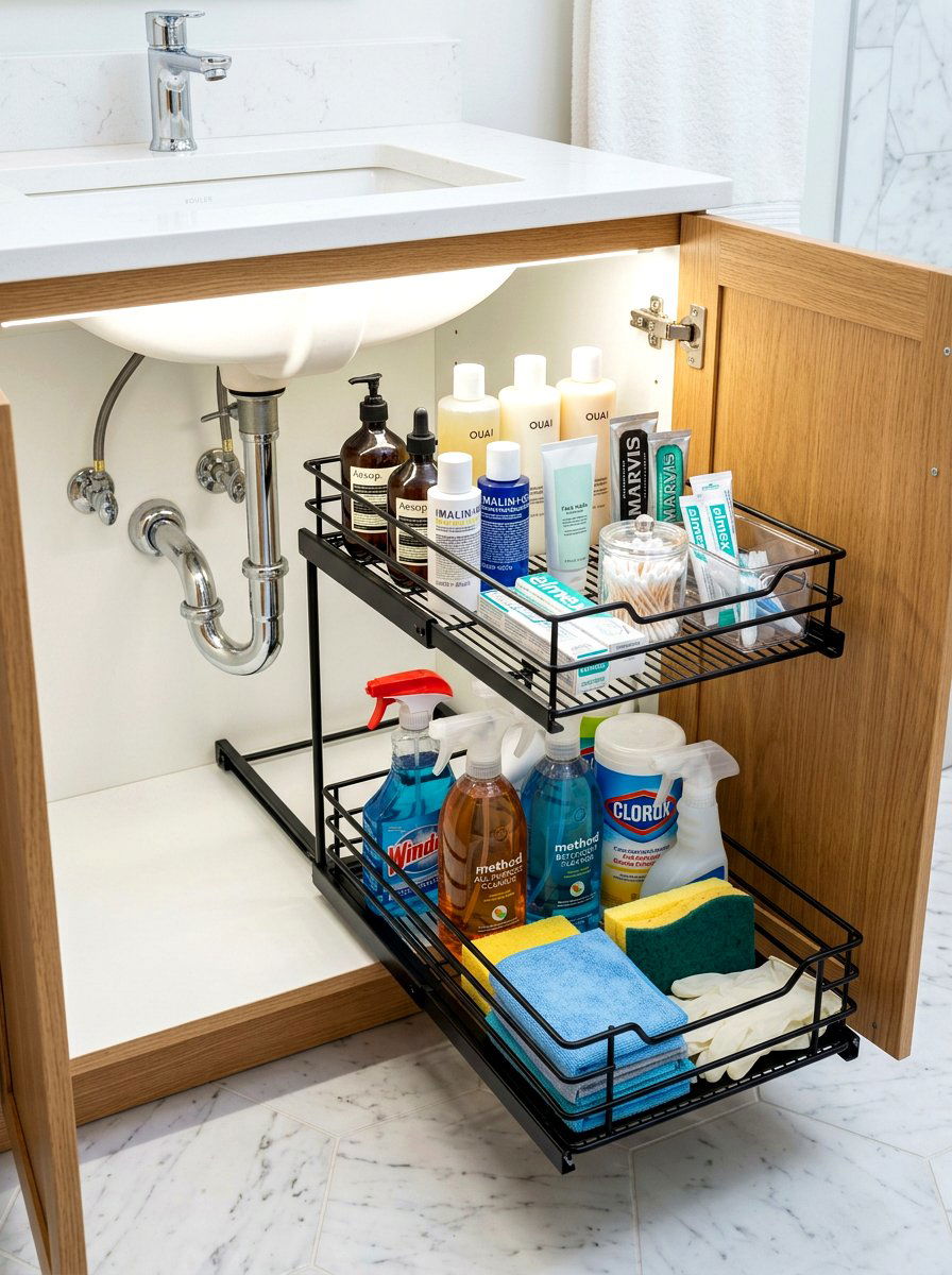 Under sink sliding drawer - 30 renter safe bathroom shelf ideas
