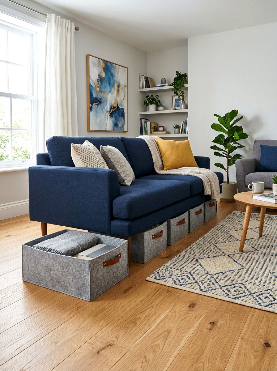 Under sofa storage bins - 30 family friendly living room storage ideas