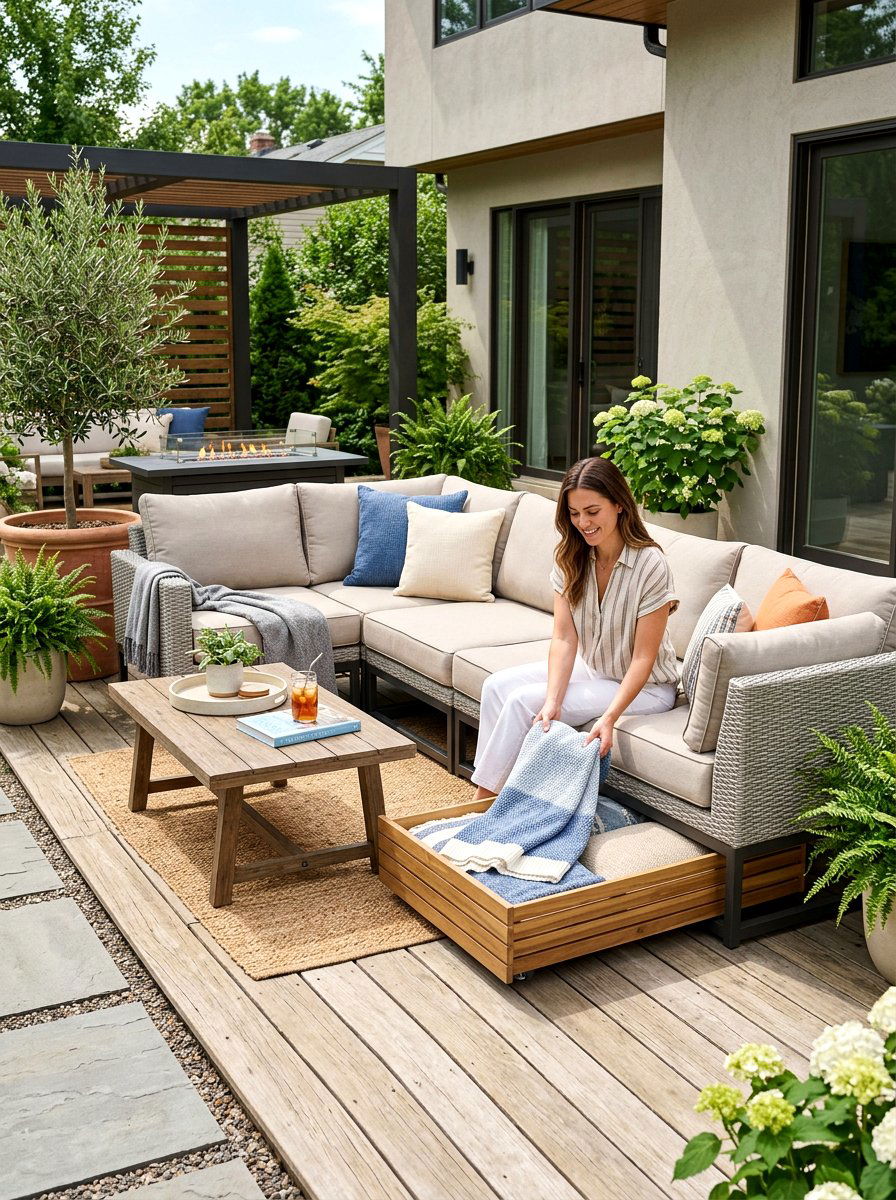 Under sofa storage tray - 30 outdoor blanket storage ideas