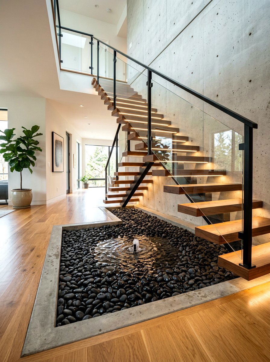 Under stair pebble fountain - 30 indoor fountain decor ideas