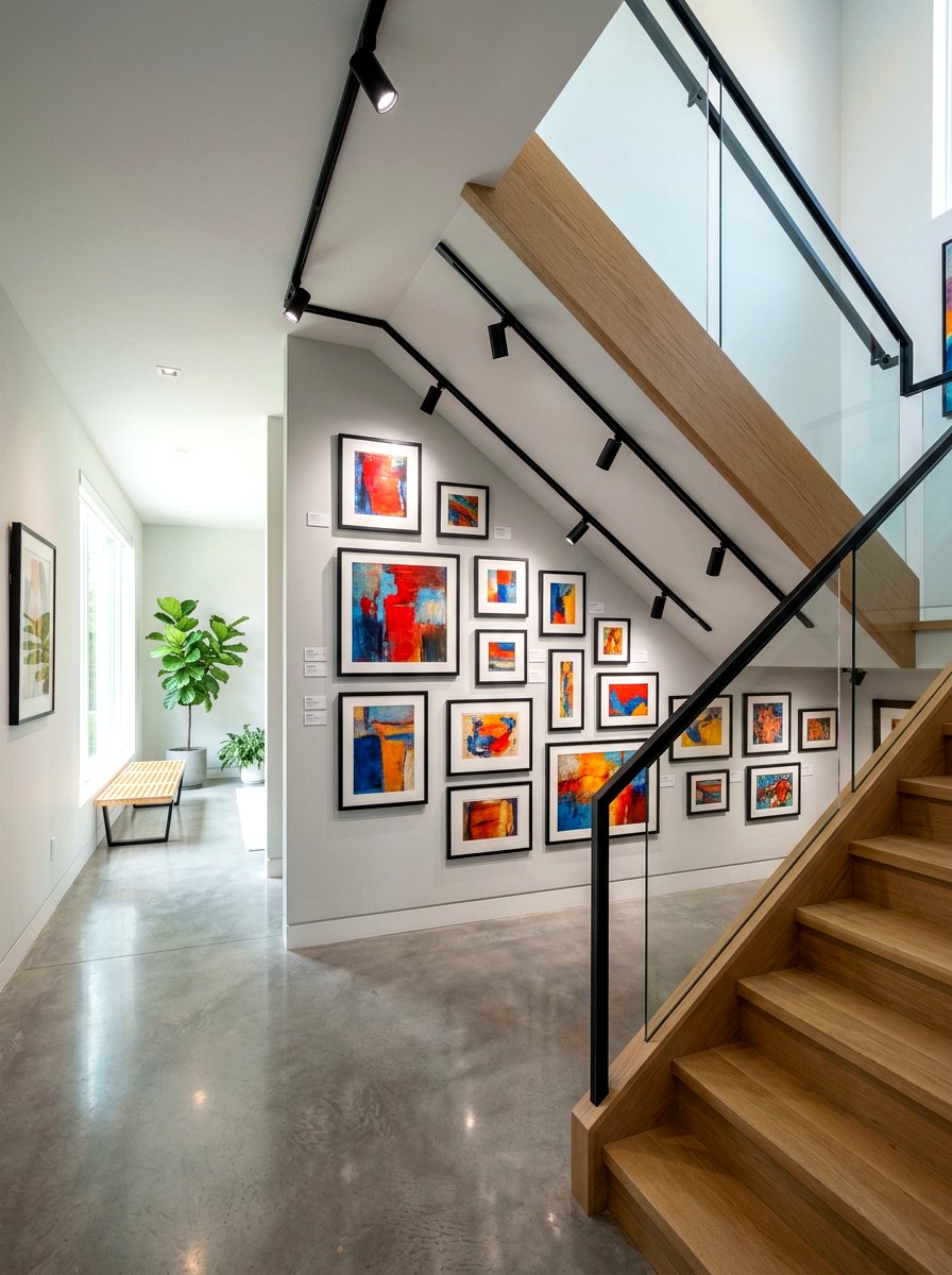 Under stairs art gallery - 30 under staircase nook ideas