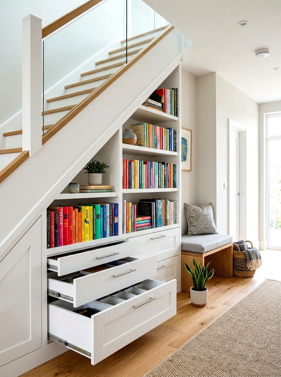 Under stairs book storage - 30 library wall ideas