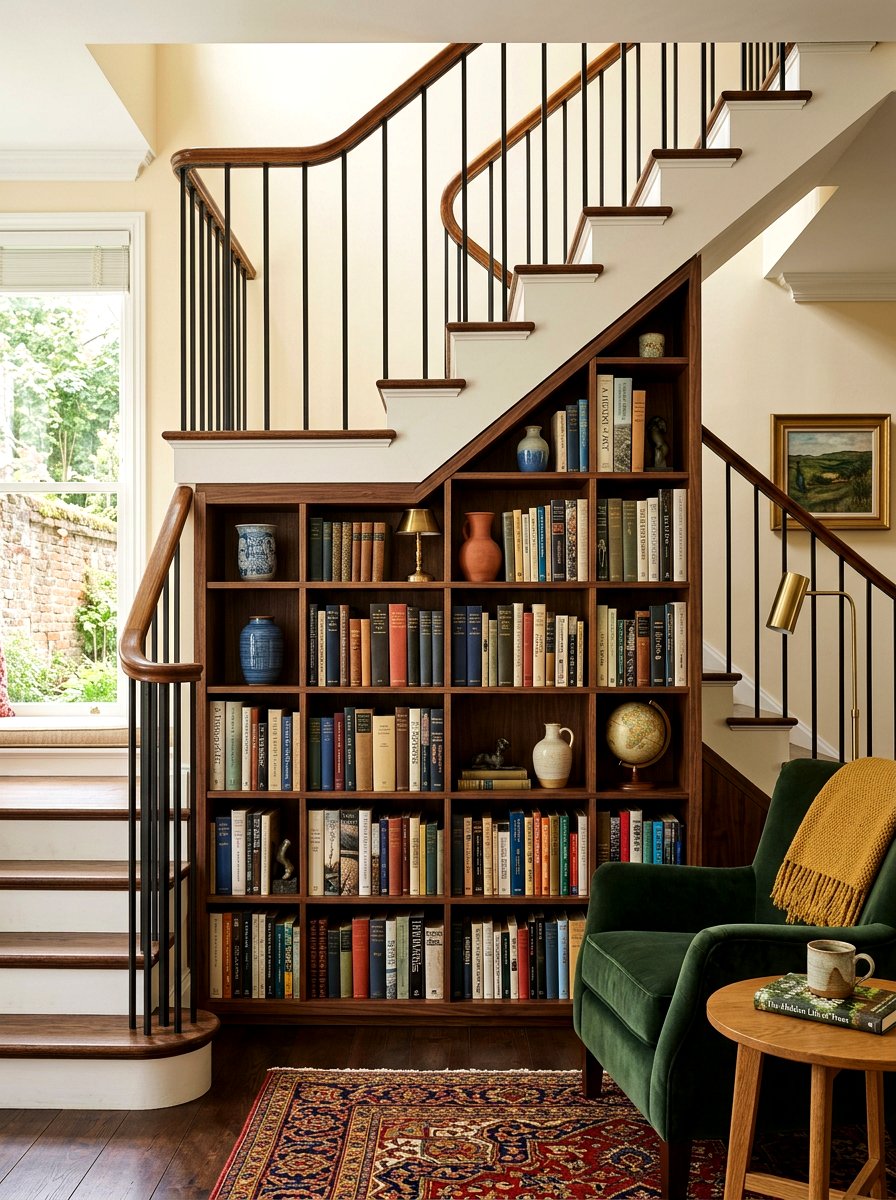 Under stairs bookshelf - 30 under staircase nook ideas