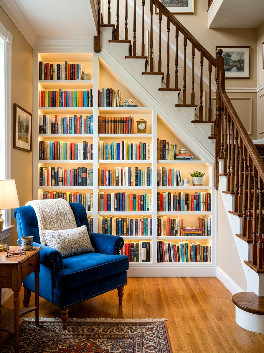 Under stairs bookshelf built in - 30 under stairs storage ideas