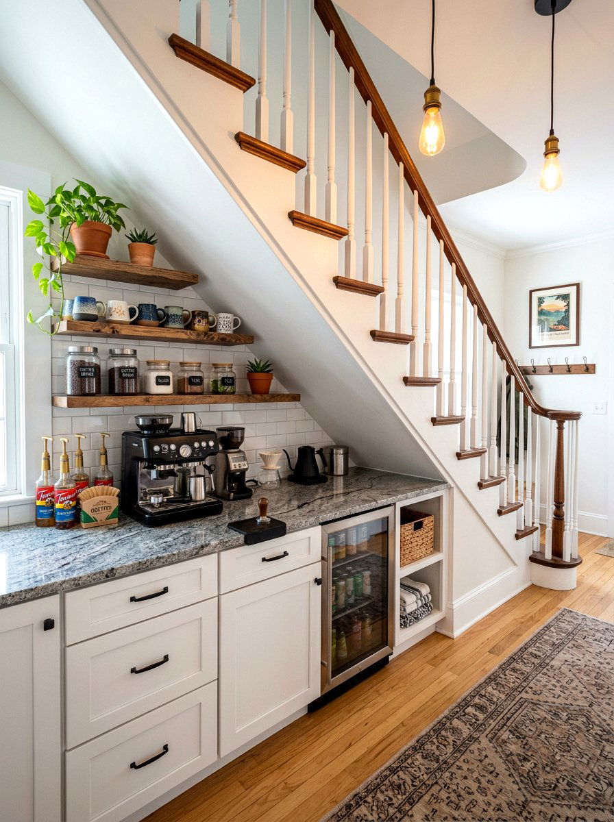 Under stairs coffee bar - 30 home cafe kitchen ideas