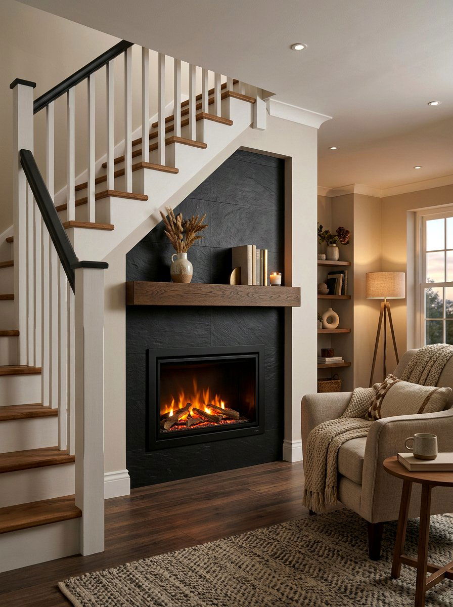 Under stairs electric fireplace - 30 under staircase nook ideas