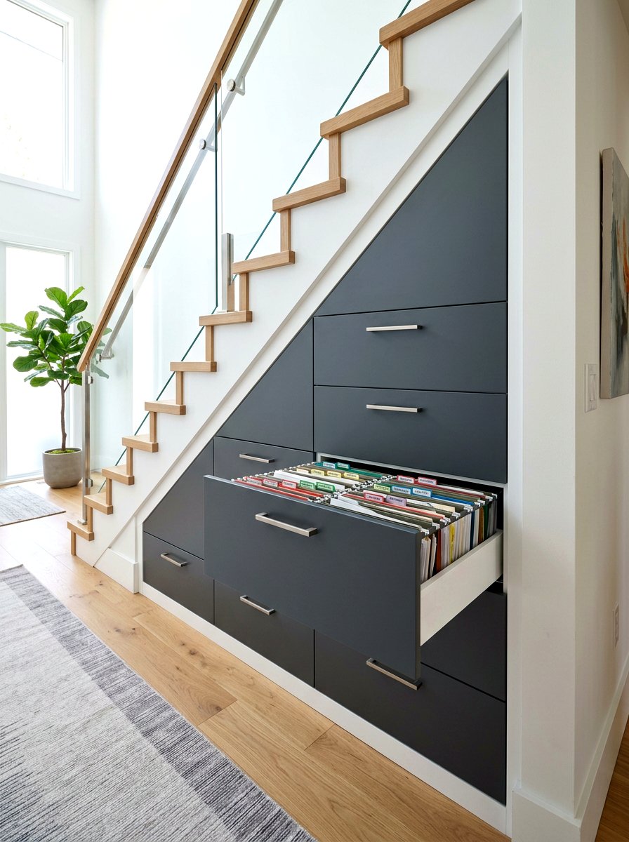 Under stairs filing cabinet - 30 under stairs storage ideas