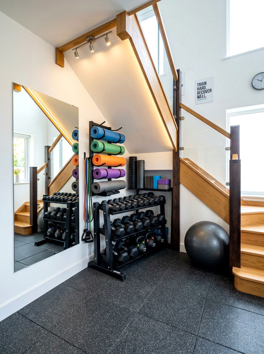 Under stairs home gym storage - 30 under stairs decor niche ideas