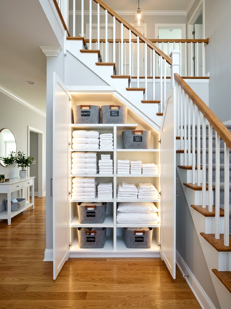 Under stairs linen closet - 30 under staircase nook ideas