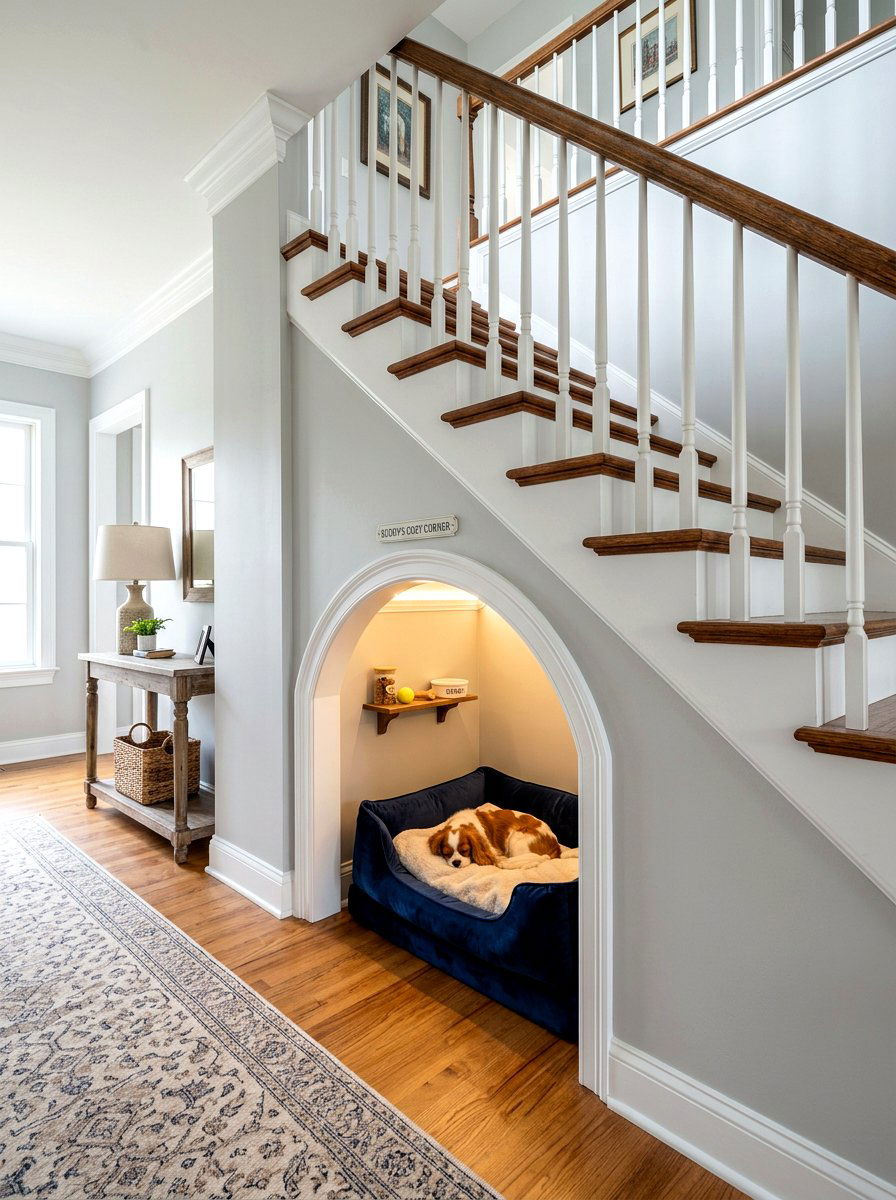 Under stairs pet room - 30 pet nook apartment ideas