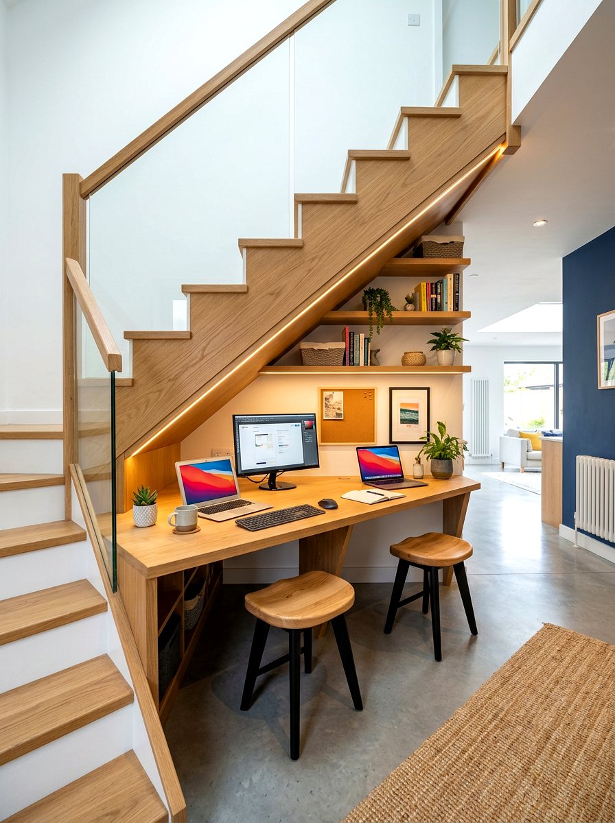 Under stairs shared office nook - 30 double desk office ideas