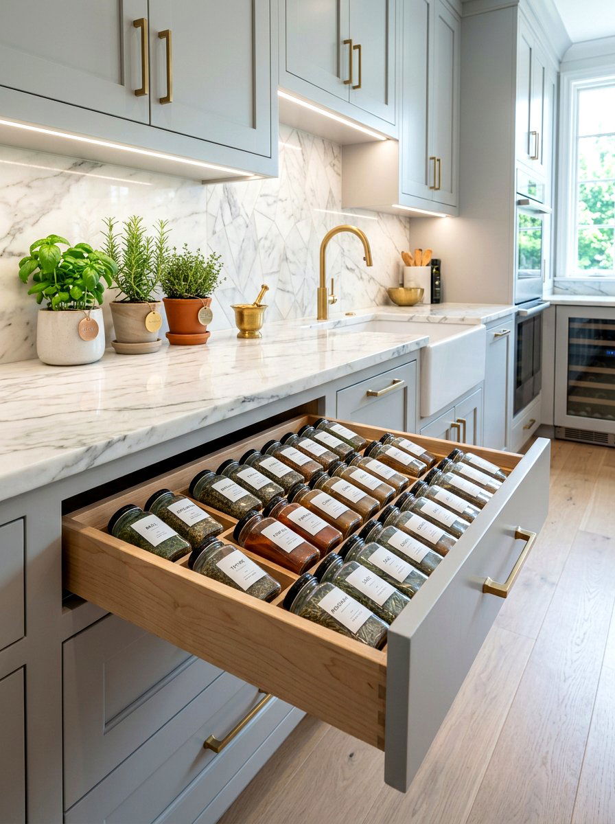 Uniform Glass Spice Jars - 30 spice drawer ideas