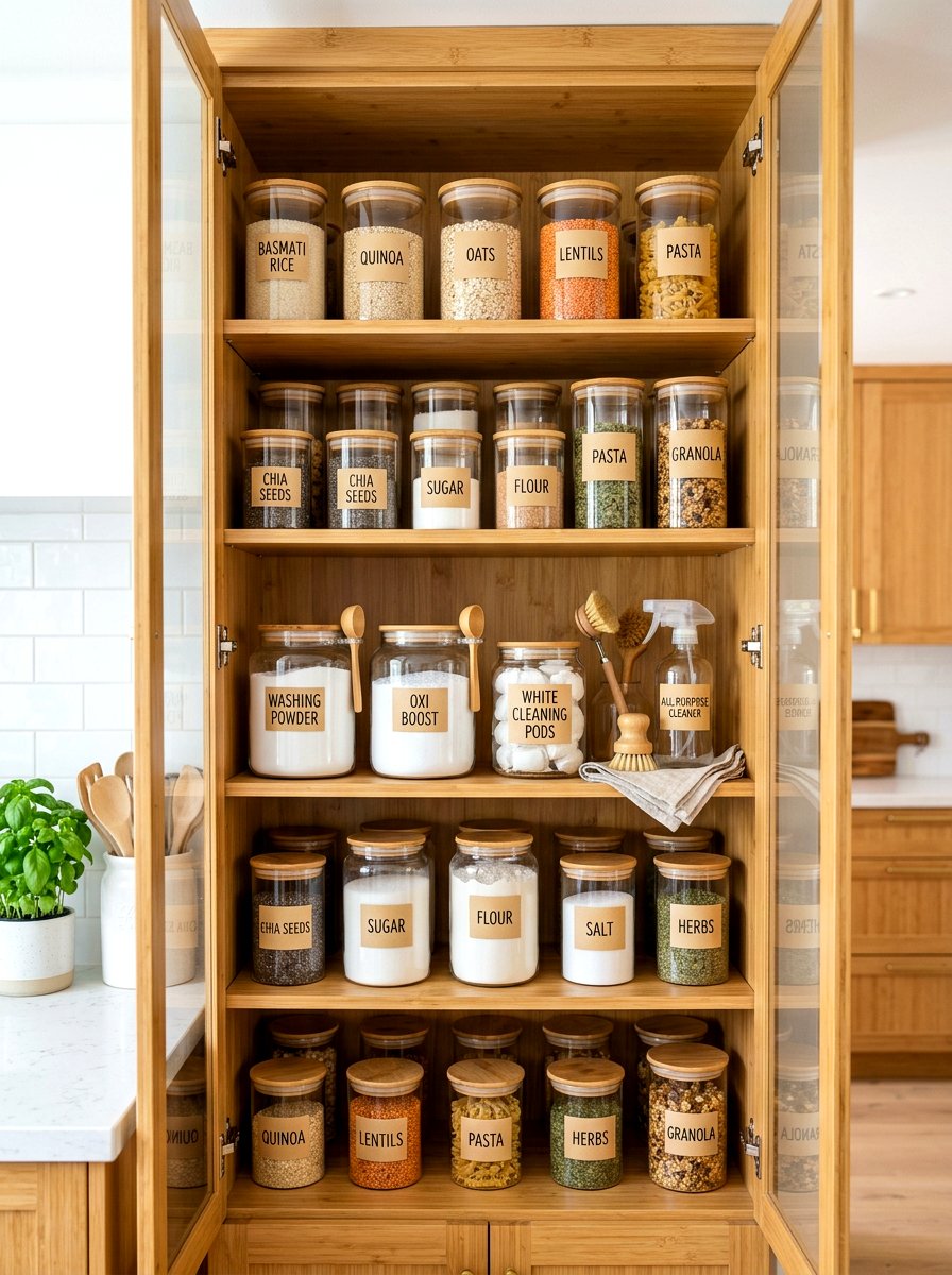 Uniform glass jars for bulk items - 30 organizing under sink storage ideas