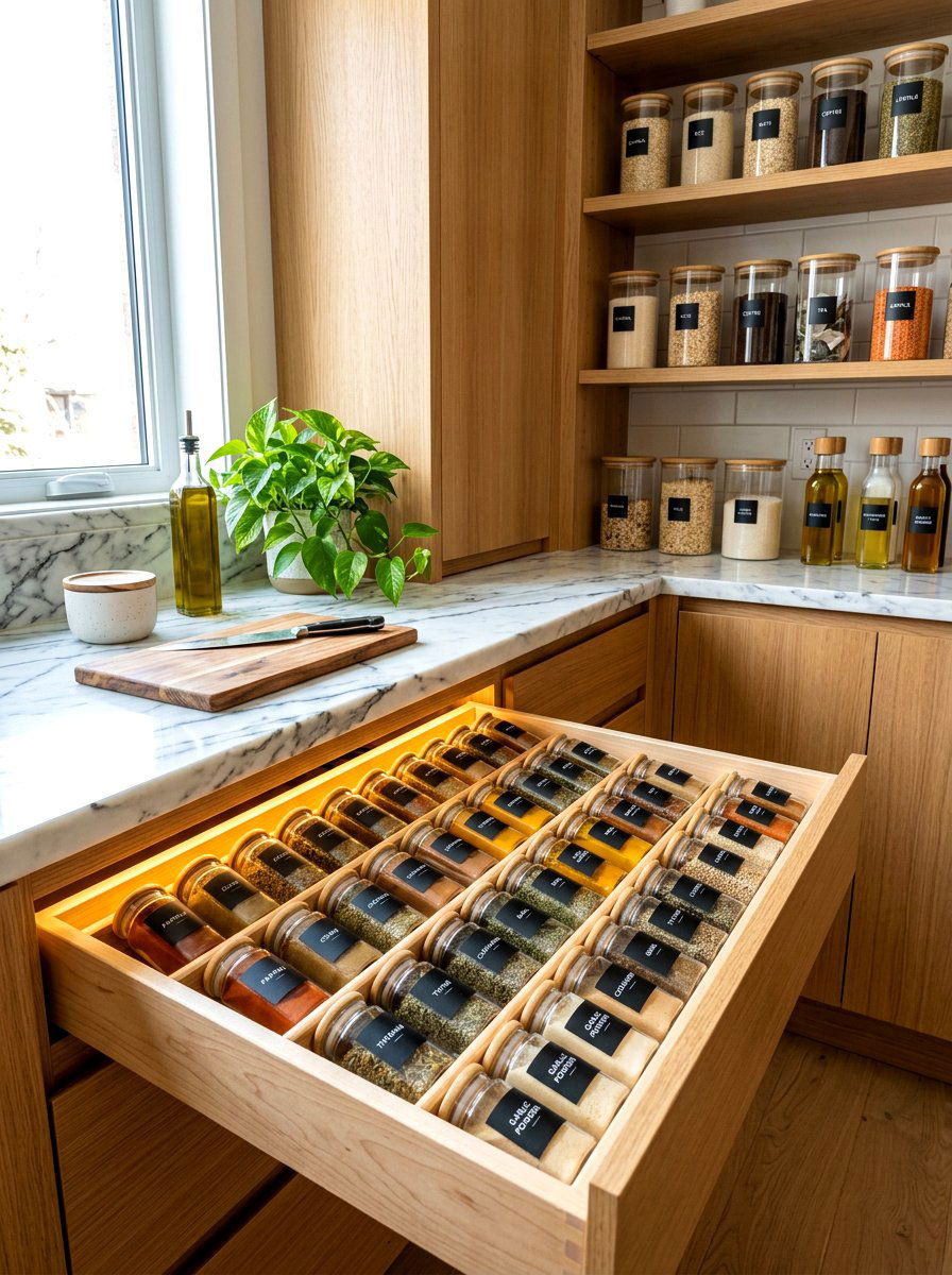 Uniform glass spice jars - 30 pantry decanting ideas