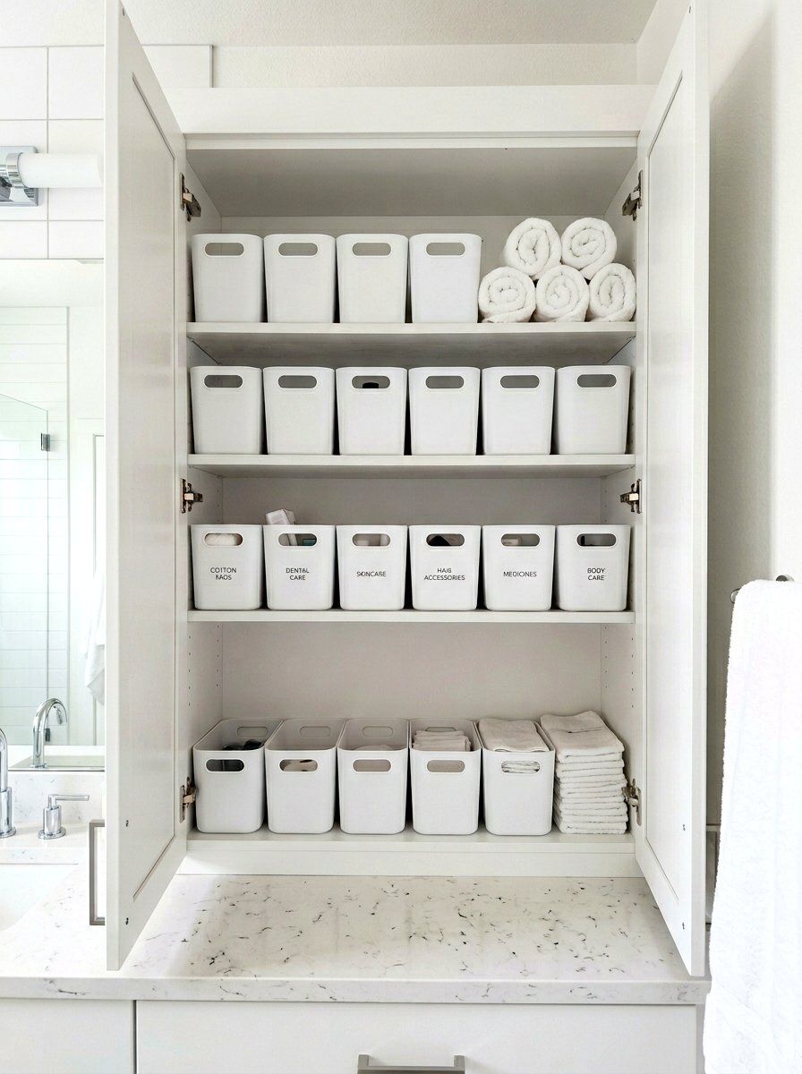 Uniform white bins - 30 under sink bathroom storage ideas
