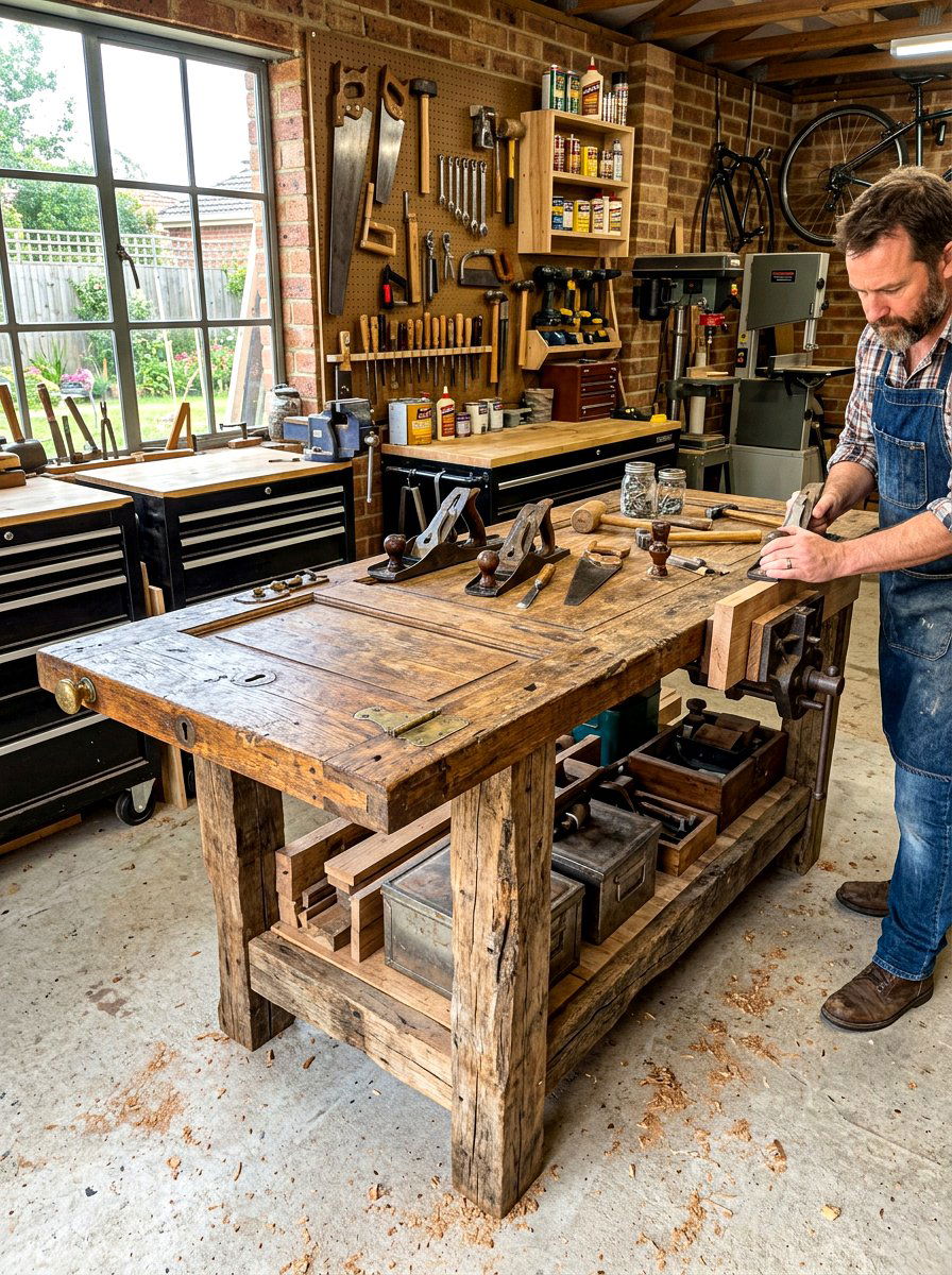 Upcycled Door Workbench - 30 garage workbench ideas