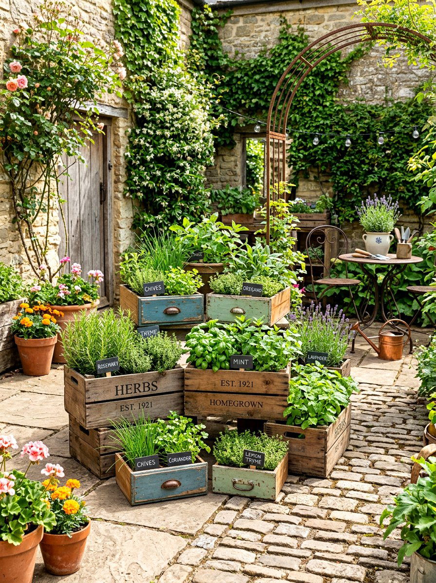 Upcycled Herb Garden - 30 courtyard herb garden ideas