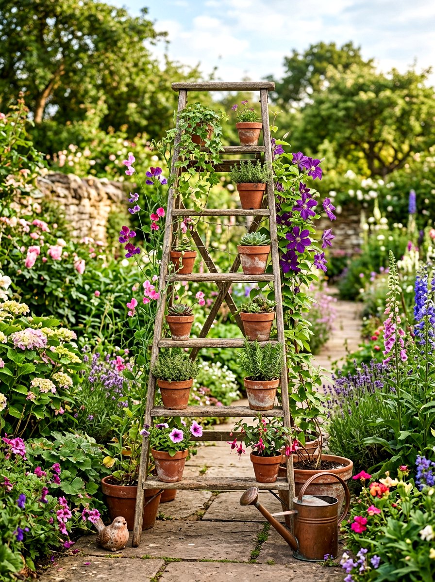 Upcycled Ladder Trellis - 30 vertical garden trellis ideas