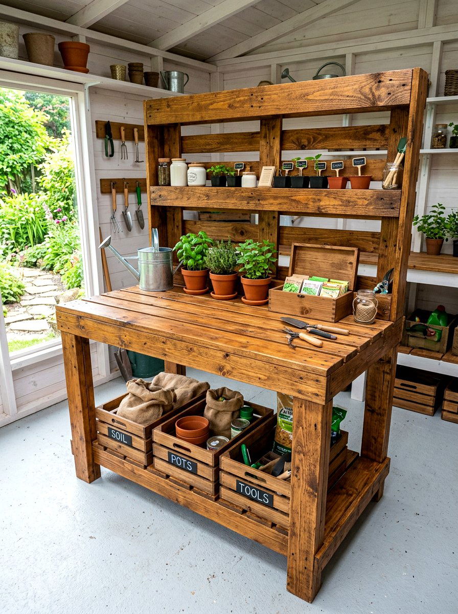 Upcycled Pallet Garden Workbench - 30 potting shed decor ideas