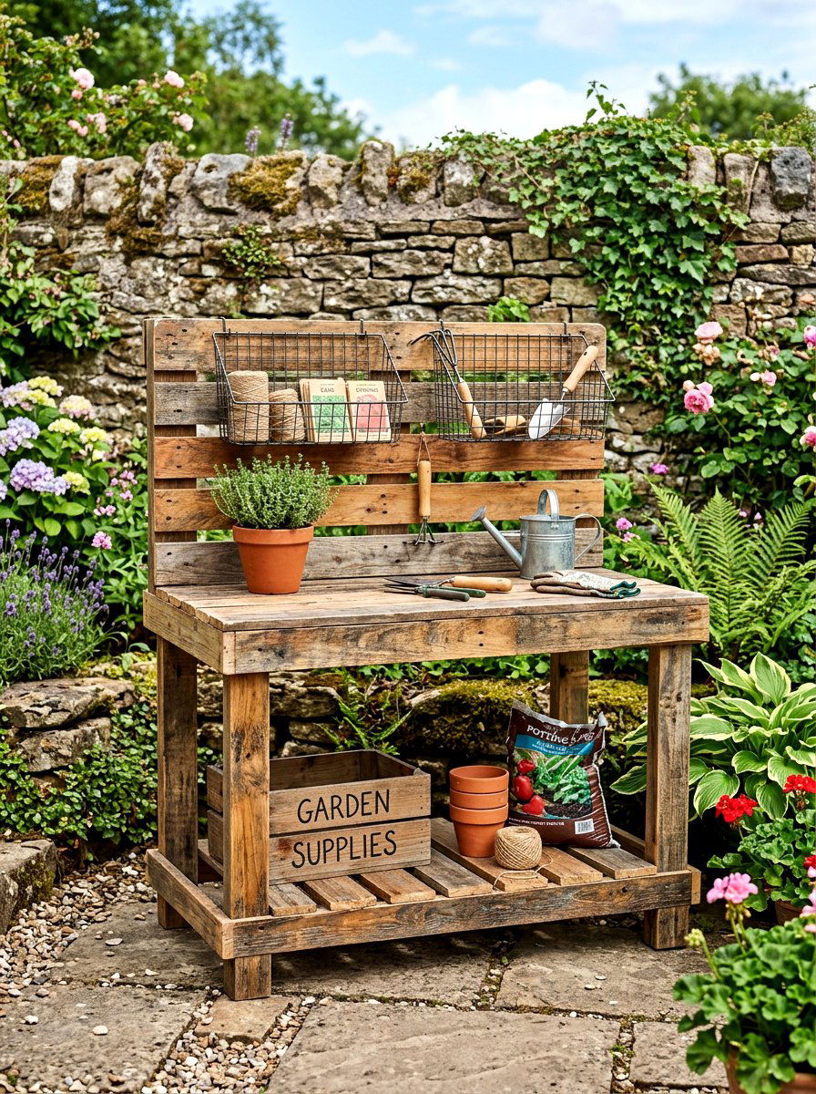 Upcycled Pallet Potting Bench - 30 garden workstation ideas