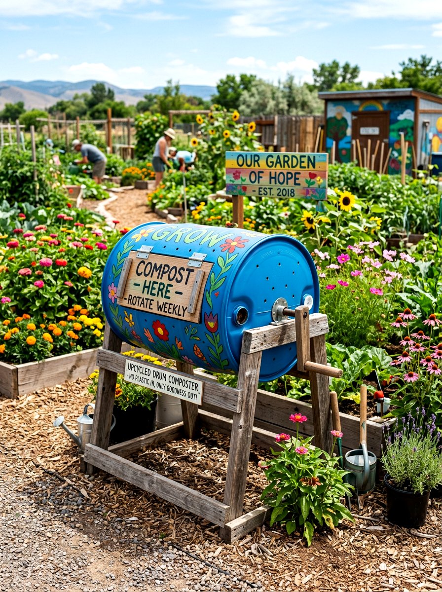 Upcycled Plastic Barrel Composter - 30 compost station ideas