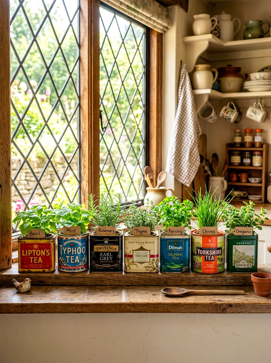 Upcycled Tea Tin - 30 herb planter ideas