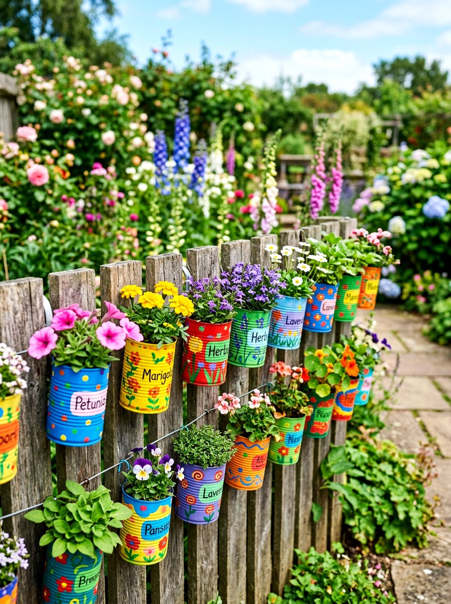 Upcycled Tin Can Planter - 30 fence vertical garden ideas