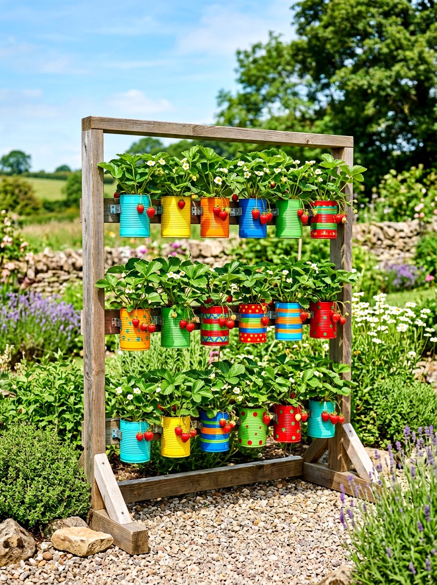 Upcycled Tin Can Rack - 30 vertical strawberry garden ideas