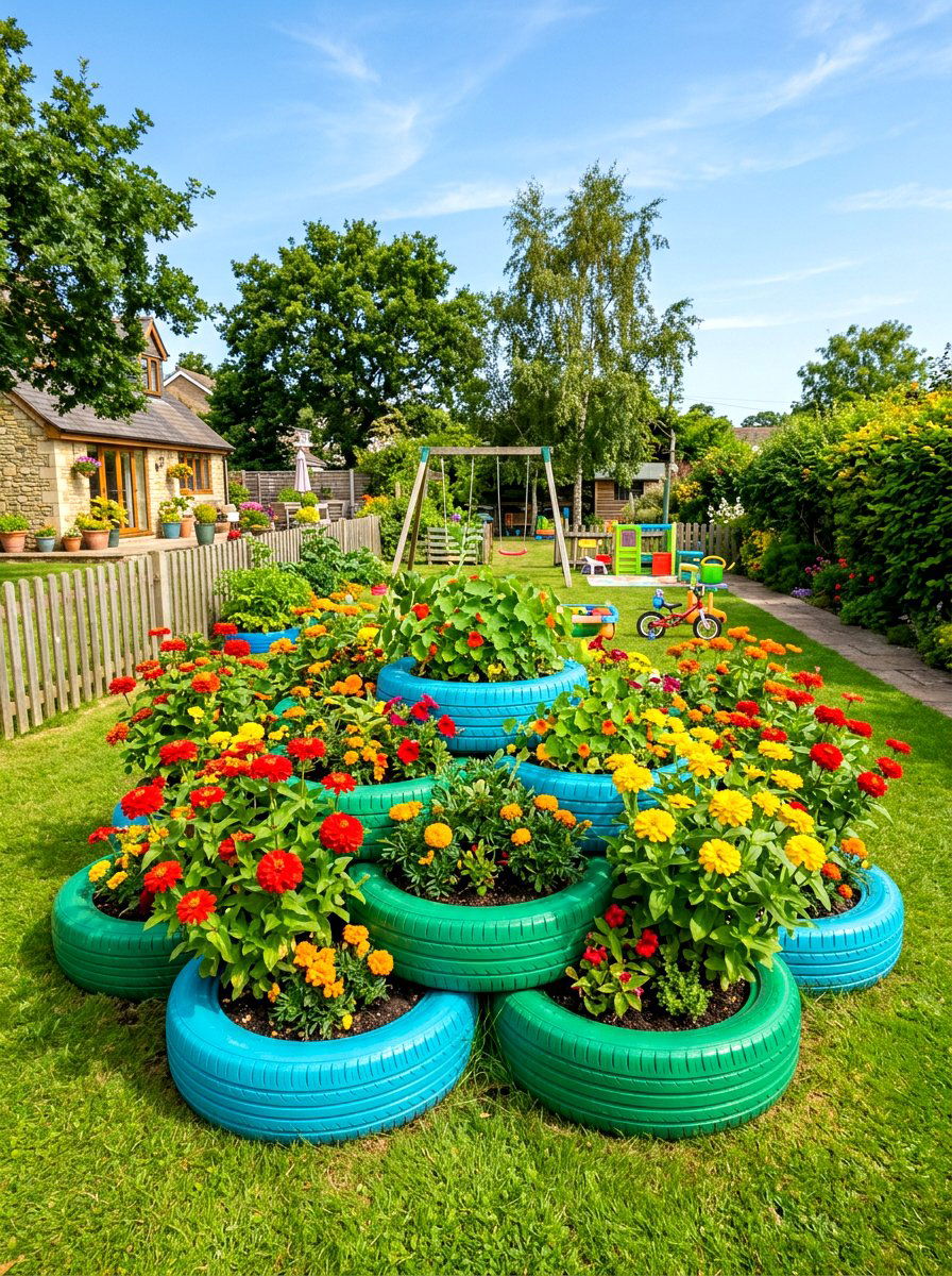 Upcycled Tire Garden Bed - 30 budget raised bed ideas
