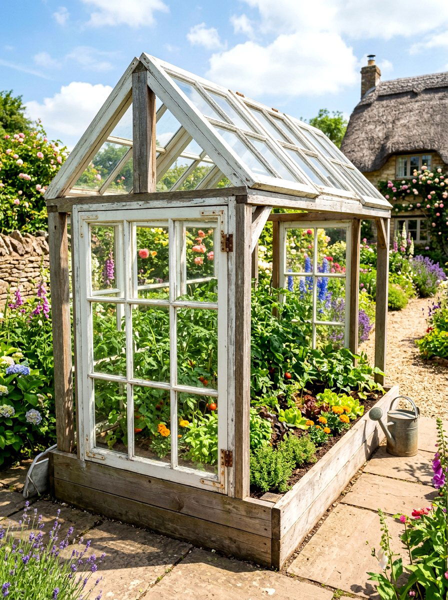 Upcycled Window Greenhouse Bed - 30 raised bed greenhouse ideas