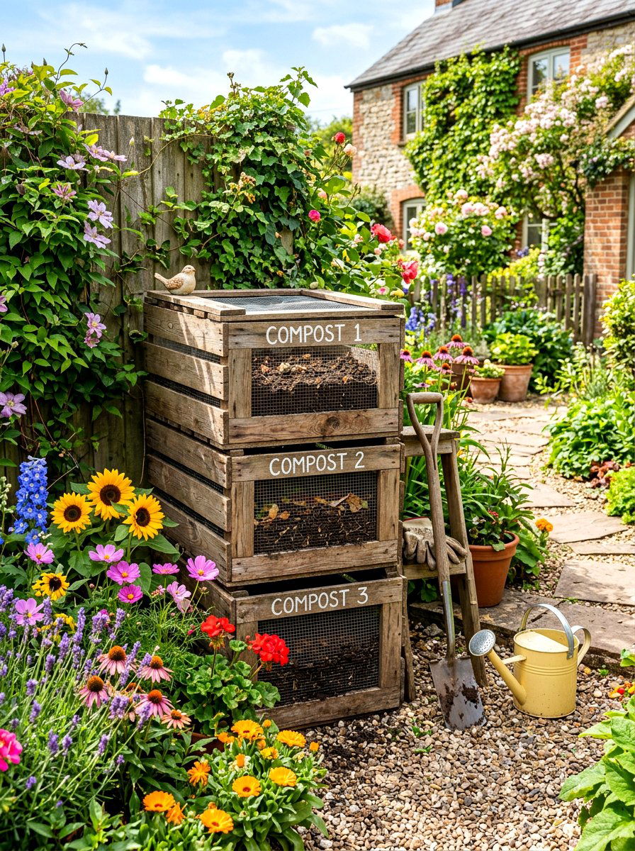 Upcycled Wood Crate Compost - 30 compost corner ideas