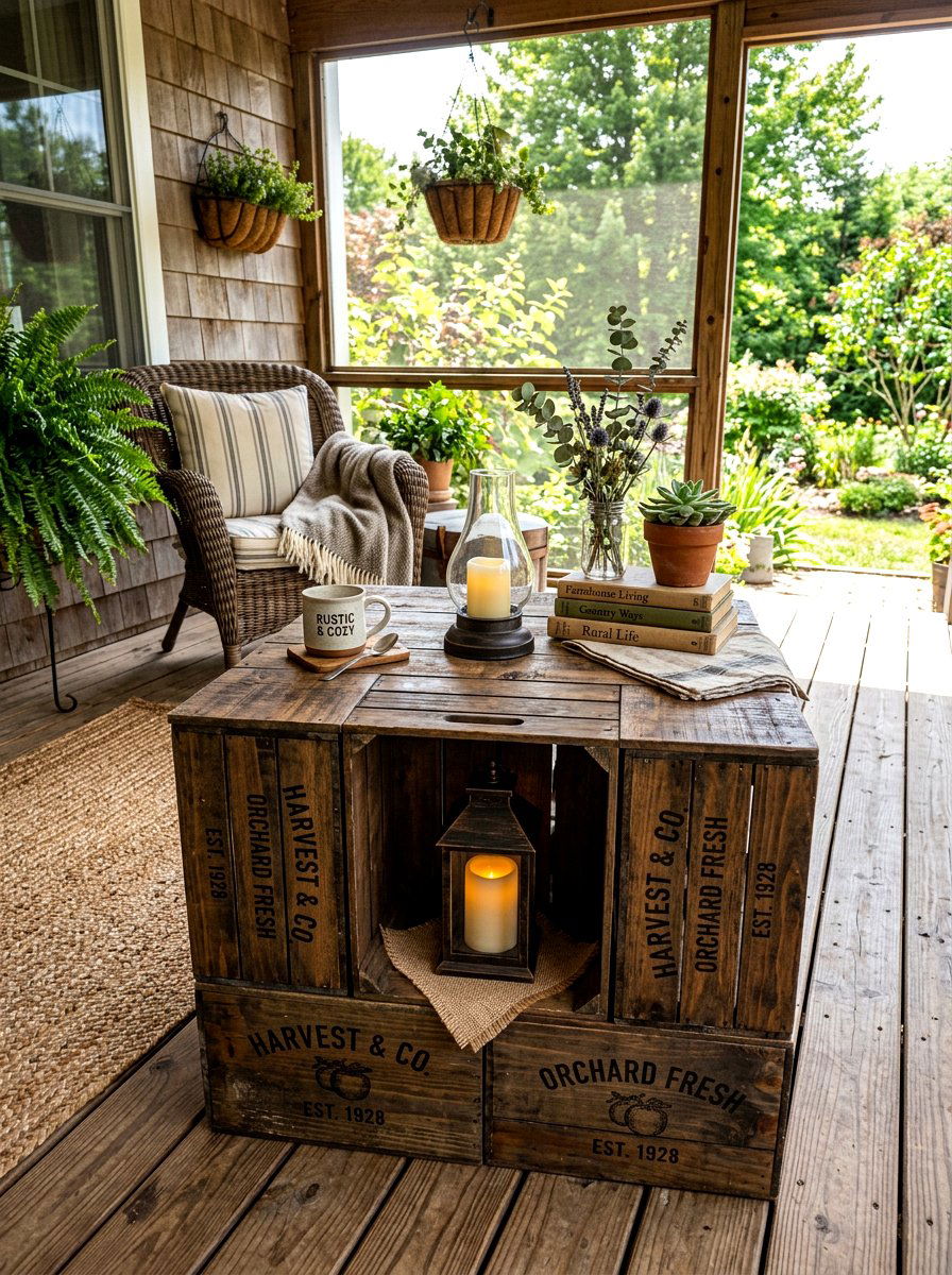 Upcycled crate porch table - 30 porch coffee table ideas