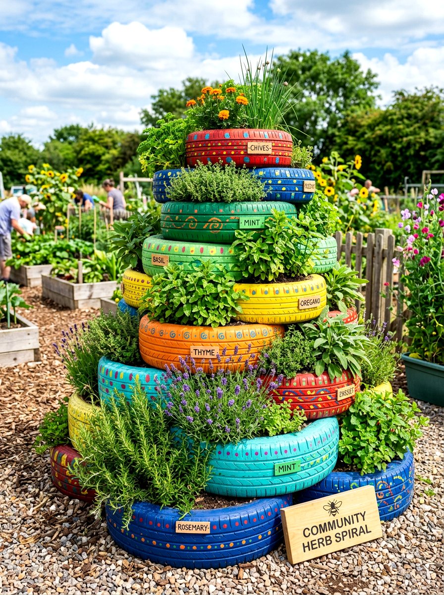 Upcycled tire herb spiral - 30 raised herb spiral ideas