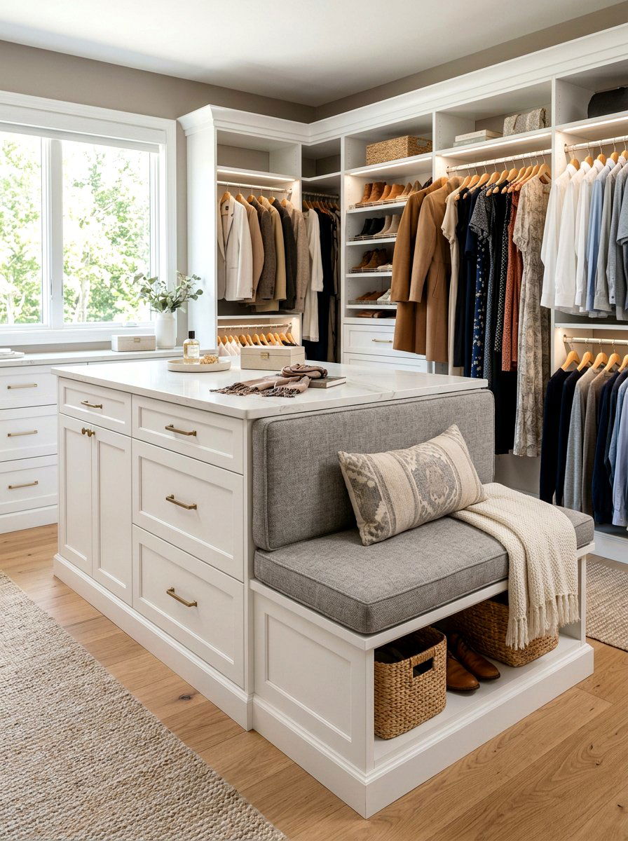 Upholstered Bench Closet Island - 30 closet island storage ideas